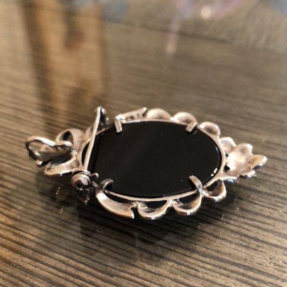 Vintage Sterling Silver, Marcasite, Onyx, & Mother of Pearl Cameo - Picture 6 of 16